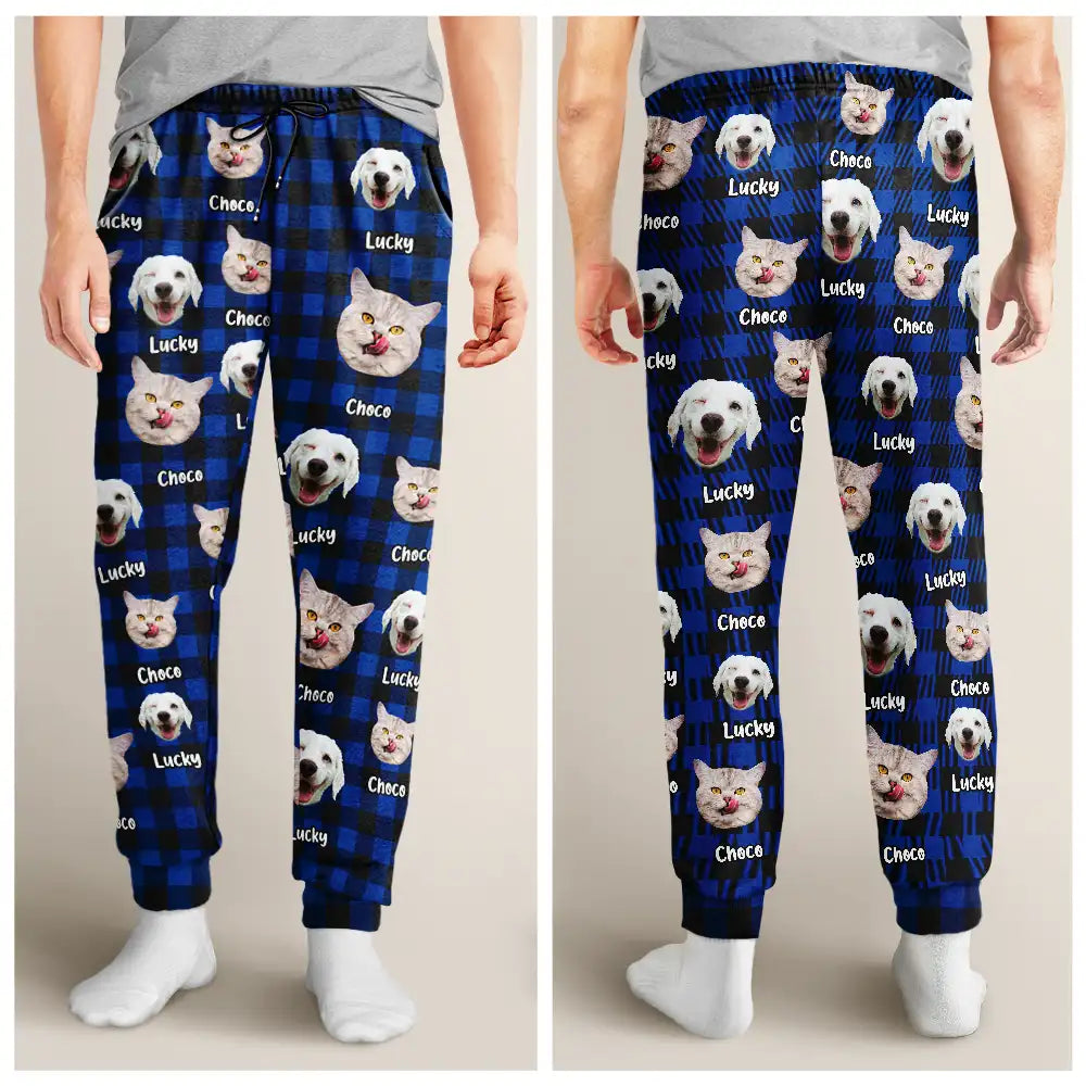 Pet Lovers, Dog Lovers, Cat Lovers - Custom Photo Funny Pet Human Face Plaid Pattern - Personalized Pajama Pants