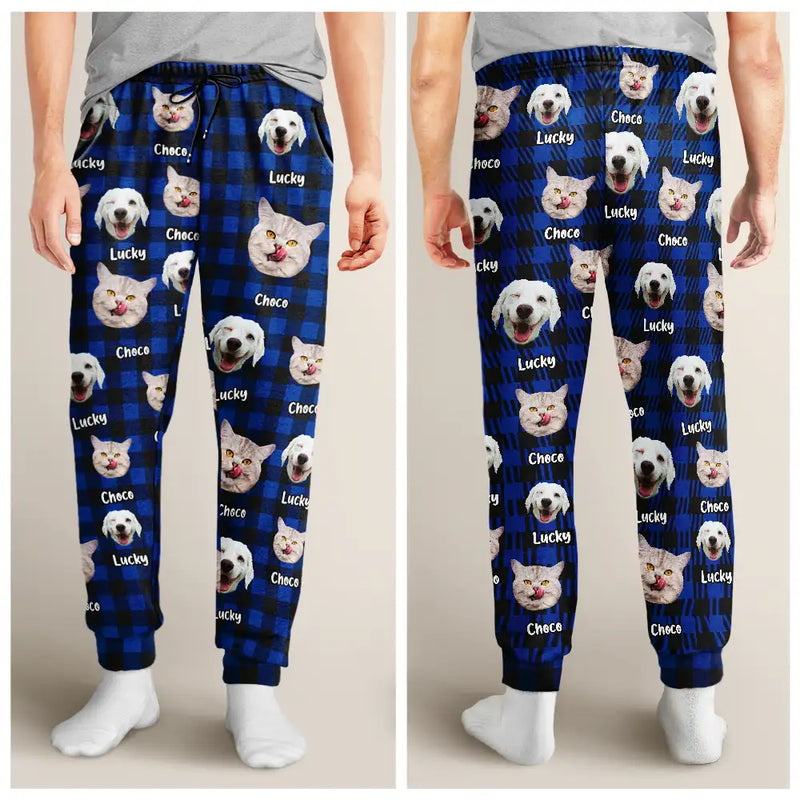 Pet Lovers, Dog Lovers, Cat Lovers - Custom Photo Funny Pet Human Face Plaid Pattern - Personalized Pajama Pants