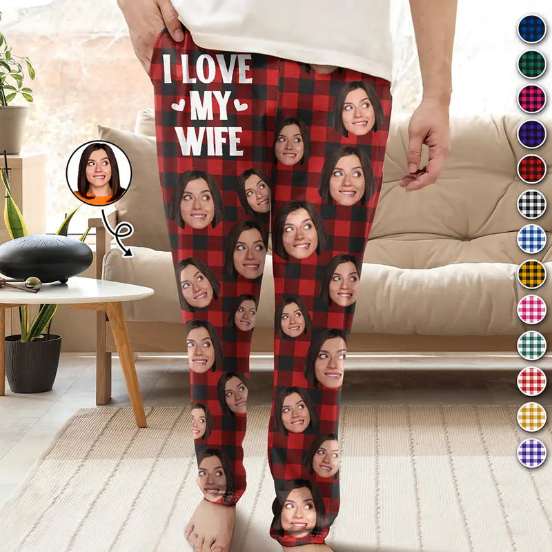 Gift For Couples, Gift For Husband, Gift For Wife, Gift For Boyfriend, Gift For Girlfriend - Custom Photo I Love My Wife Husband Girlfriend Boyfriend Plaid Pattern - Personalized Pajama Pants
