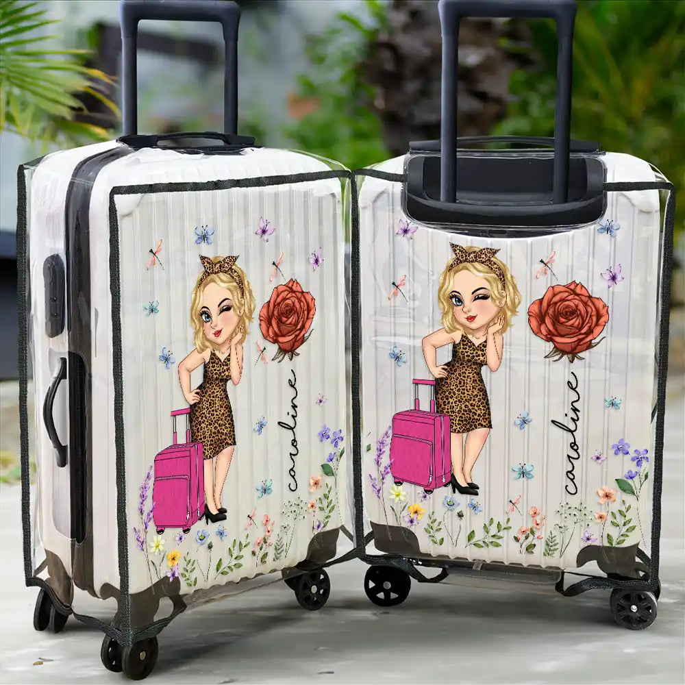 Travel,Gift For Women,Gift For Yourself,Happy - Birth Flower Just A Girl Who Loves Traveling - Personalized Clear Luggage Cover