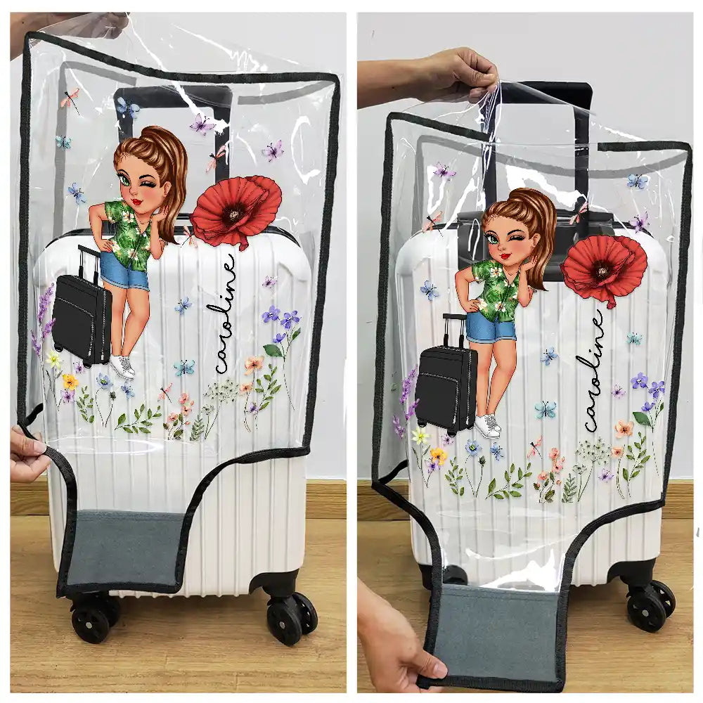 Travel,Gift For Women,Gift For Yourself,Happy - Birth Flower Just A Girl Who Loves Traveling - Personalized Clear Luggage Cover