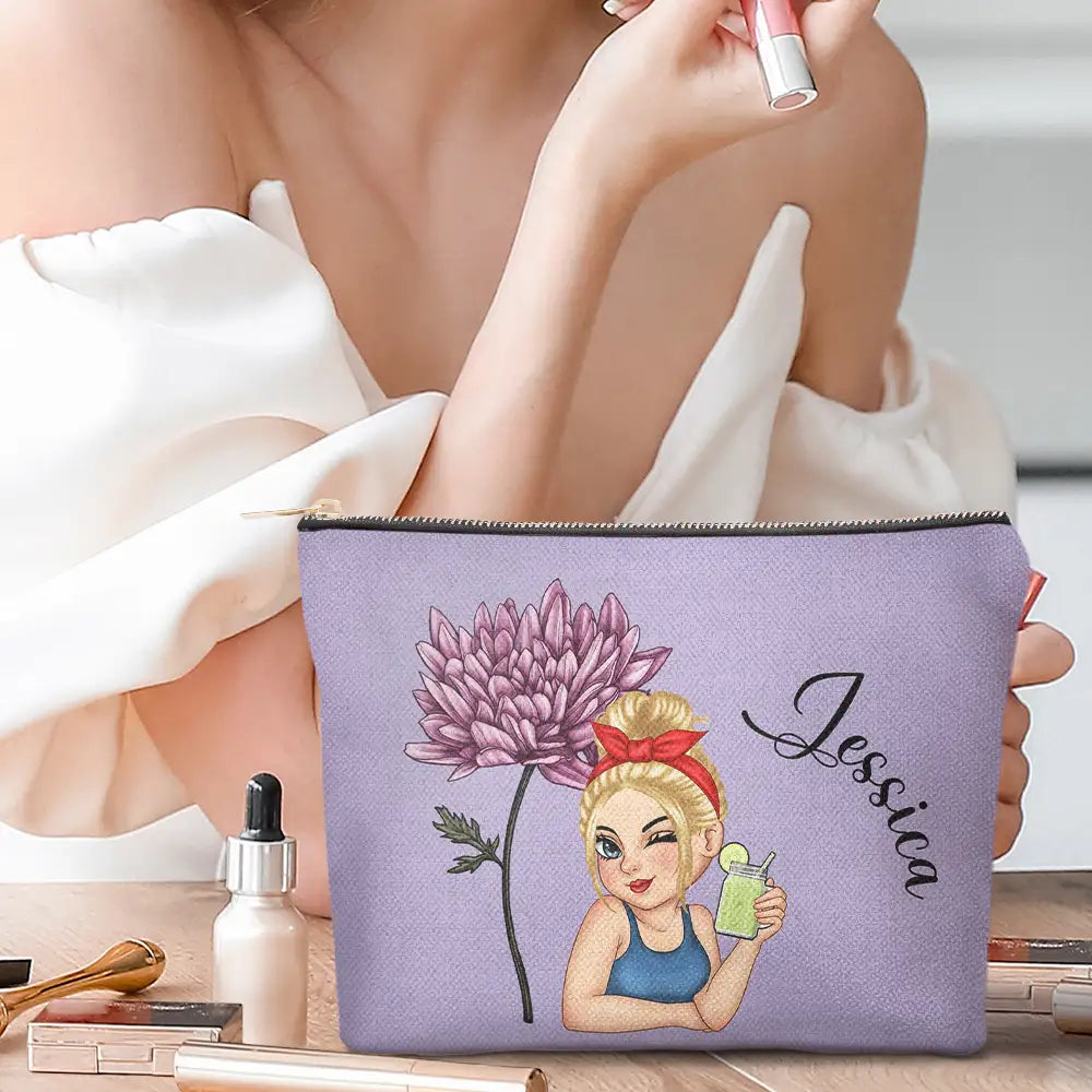 Travel,Gift For Yourself,Gift For Women,Happy - Birth Month Flower Travel Lover - Personalized Cosmetic Bag