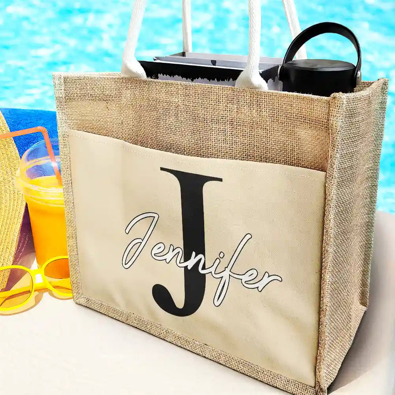 Travel,Beach,Gift For Yourself,Gift For Women,Happy - Monogram Name - Personalized Jute Tote Bag