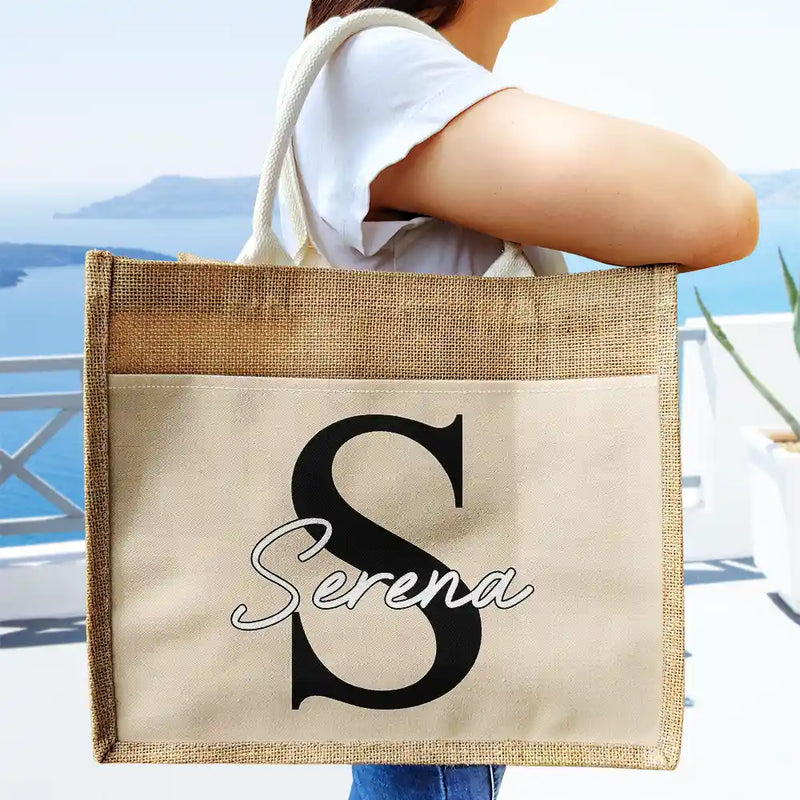 Travel,Beach,Gift For Yourself,Gift For Women,Happy - Monogram Name - Personalized Jute Tote Bag