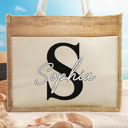 Monogram Name - Personalized Jute Tote Bag