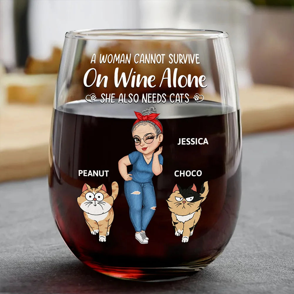 Cat Lovers,Cat Mom,Cat Dad - Turban Woman Cannot Survive On Wine Alone Cat Mom Cartoon Go Toward - Personalized Stemless Wine Glass
