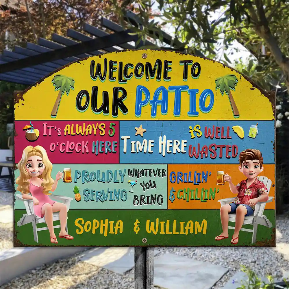 Gift For Couples,Gift For Husband,Gift For Wife,Gift For Boyfriend,Gift For Girlfriend,Patio,Grilling,Happy - 3D Effect Couple Outdoor Decor Proudly Serving Whatever You Bring - Personalised Custom Shaped Metal Sign