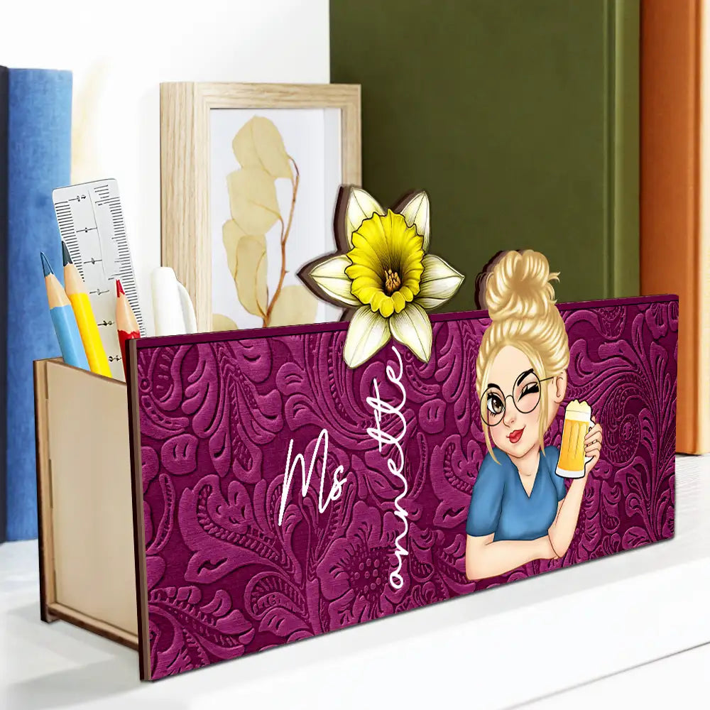 Teacher,Gift For Yourself,Gift For Women - Teacher Birth Flower Bloom Where You're Planted Woman - Personalized Wooden Pen Pencil Holder