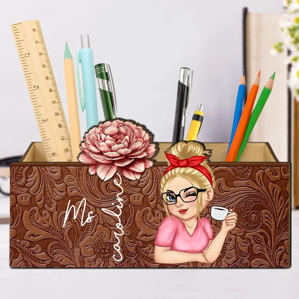 Teacher,Gift For Yourself,Gift For Women - Teacher Birth Flower Bloom Where You're Planted Woman - Personalized Wooden Pen Pencil Holder