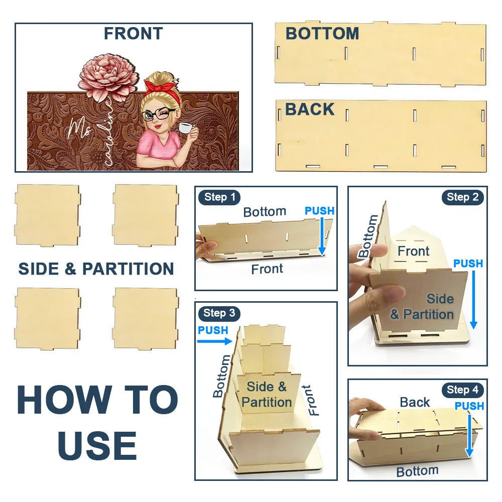 Porte-crayon en bois personnalisé pour femme - Fleur de naissance de l'enseignante