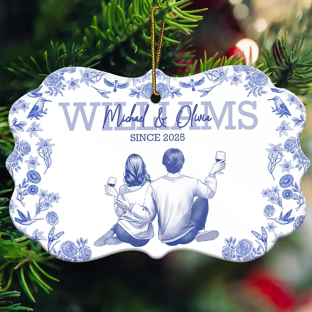 Toile De Jouy Married Couple - Personalized Medallion Ceramic Ornament