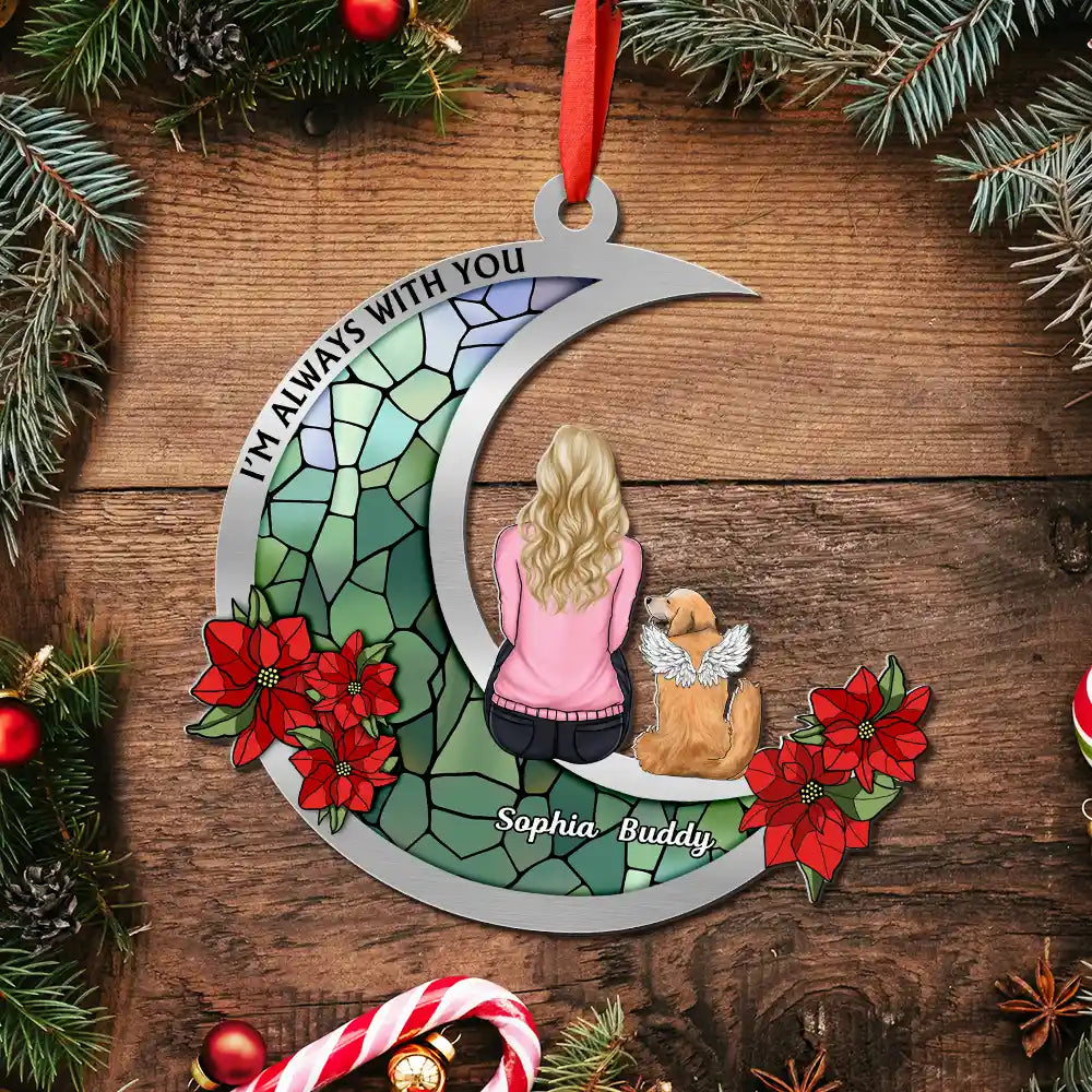 Pet Lovers,Love,Memorial,Christmas - Pet Memorial Stained Glass Moon - Personalized Metal Ornament