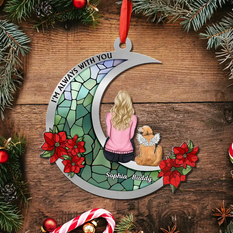 Pet Lovers,Love,Memorial,Christmas - Pet Memorial Stained Glass Moon - Personalized Metal Ornament