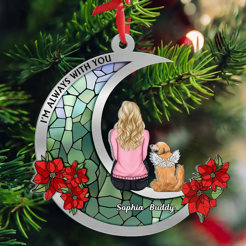 Pet Lovers,Love,Memorial,Christmas - Pet Memorial Stained Glass Moon - Personalized Metal Ornament