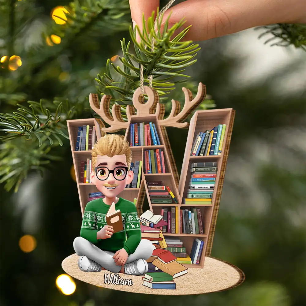 Christmas,Reading,Gift For Yourself,Gift For Women,Happy - Reading Girl Monogram Bookish Keepsake - Personalized Custom Shaped Wooden Ornament