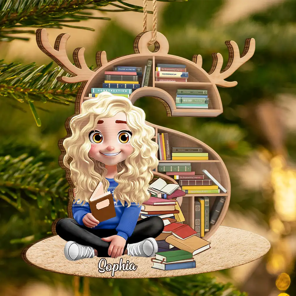 Christmas,Reading,Gift For Yourself,Gift For Women,Happy - Reading Girl Monogram Bookish Keepsake - Personalized Custom Shaped Wooden Ornament