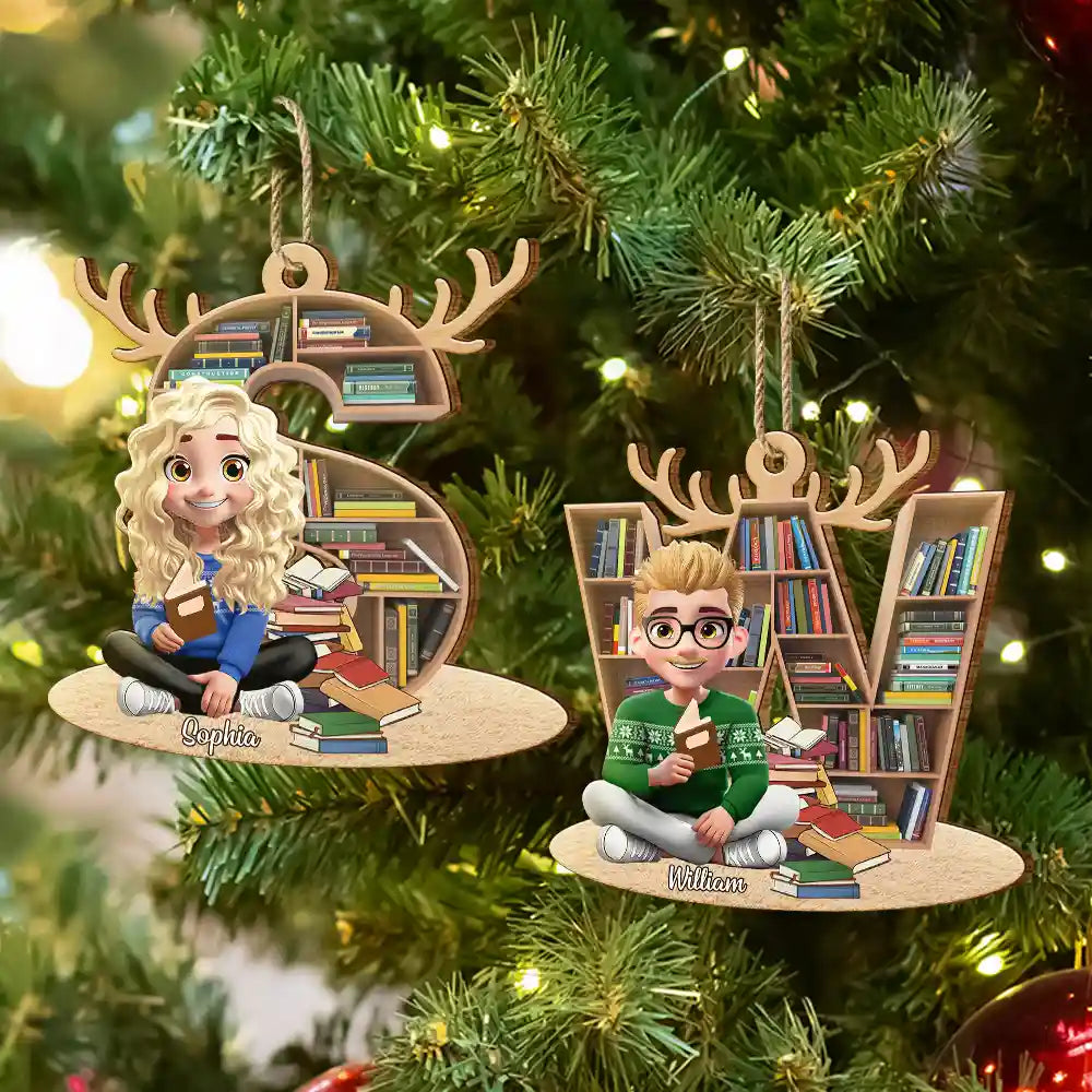 Christmas,Reading,Gift For Yourself,Gift For Women,Happy - Reading Girl Monogram Bookish Keepsake - Personalized Custom Shaped Wooden Ornament