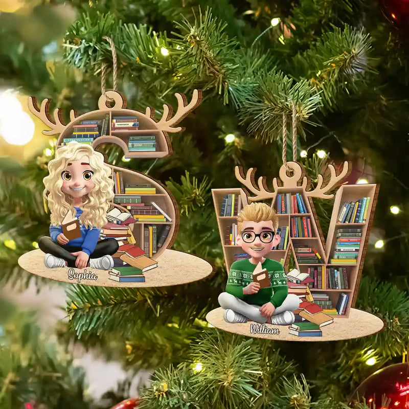 Christmas,Reading,Gift For Yourself,Gift For Women,Happy - Reading Girl Monogram Bookish Keepsake - Personalized Custom Shaped Wooden Ornament