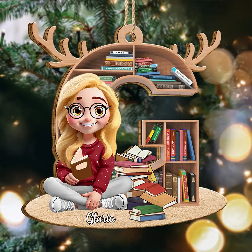 Reading Girl Monogram Bookish Keepsake - Personalized Custom Shaped Wooden Ornament