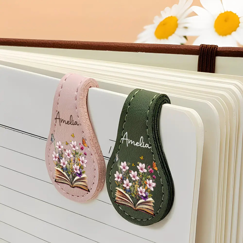 Reading,Gift For Yourself,Gift For Women,Happy - Flowers Growing From Book, Birth Month Flowers - Personalized Circle Leather Magnetic Bookmark