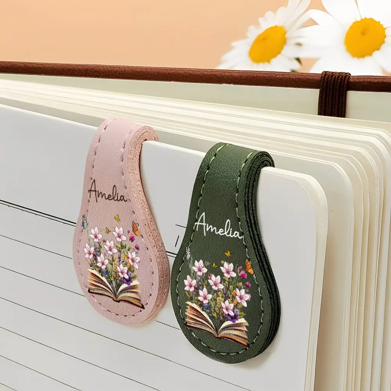 Reading,Gift For Yourself,Gift For Women,Happy - Flowers Growing From Book, Birth Month Flowers - Personalized Circle Leather Magnetic Bookmark
