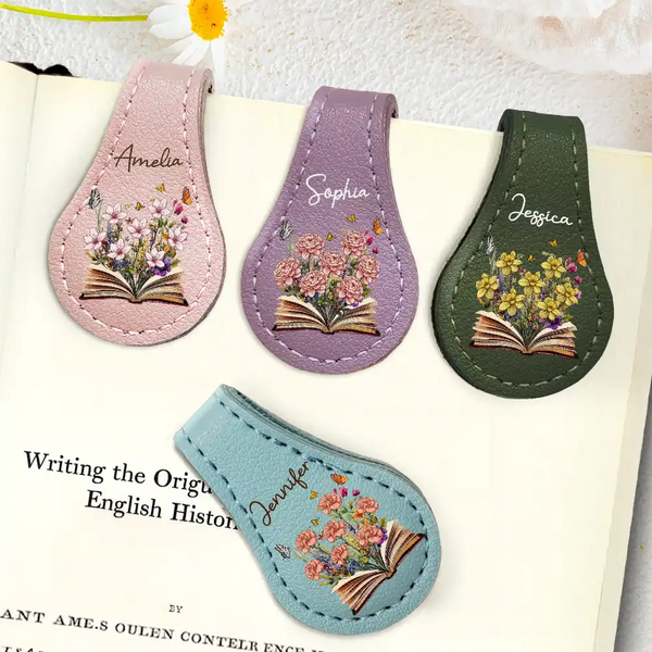 Reading,Gift For Yourself,Gift For Women,Happy - Flowers Growing From Book, Birth Month Flowers - Personalized Circle Leather Magnetic Bookmark