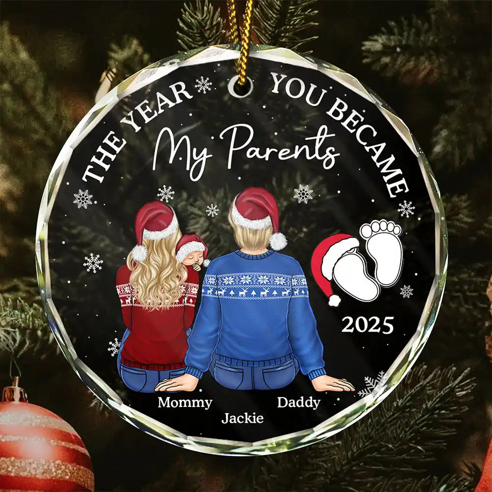 The Year You Became My Parents Family Of Three - Personalized Circle Glass Ornament