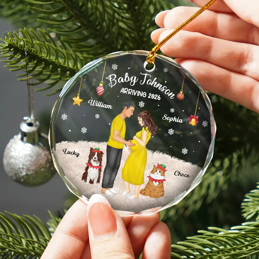New Dad,New baby,New Mom,Christmas,Pet Lovers,Pet Couple,Happy - Expecting Parents Baby Arriving Dog Parents To Human Parents - Personalized Circle Glass Ornament