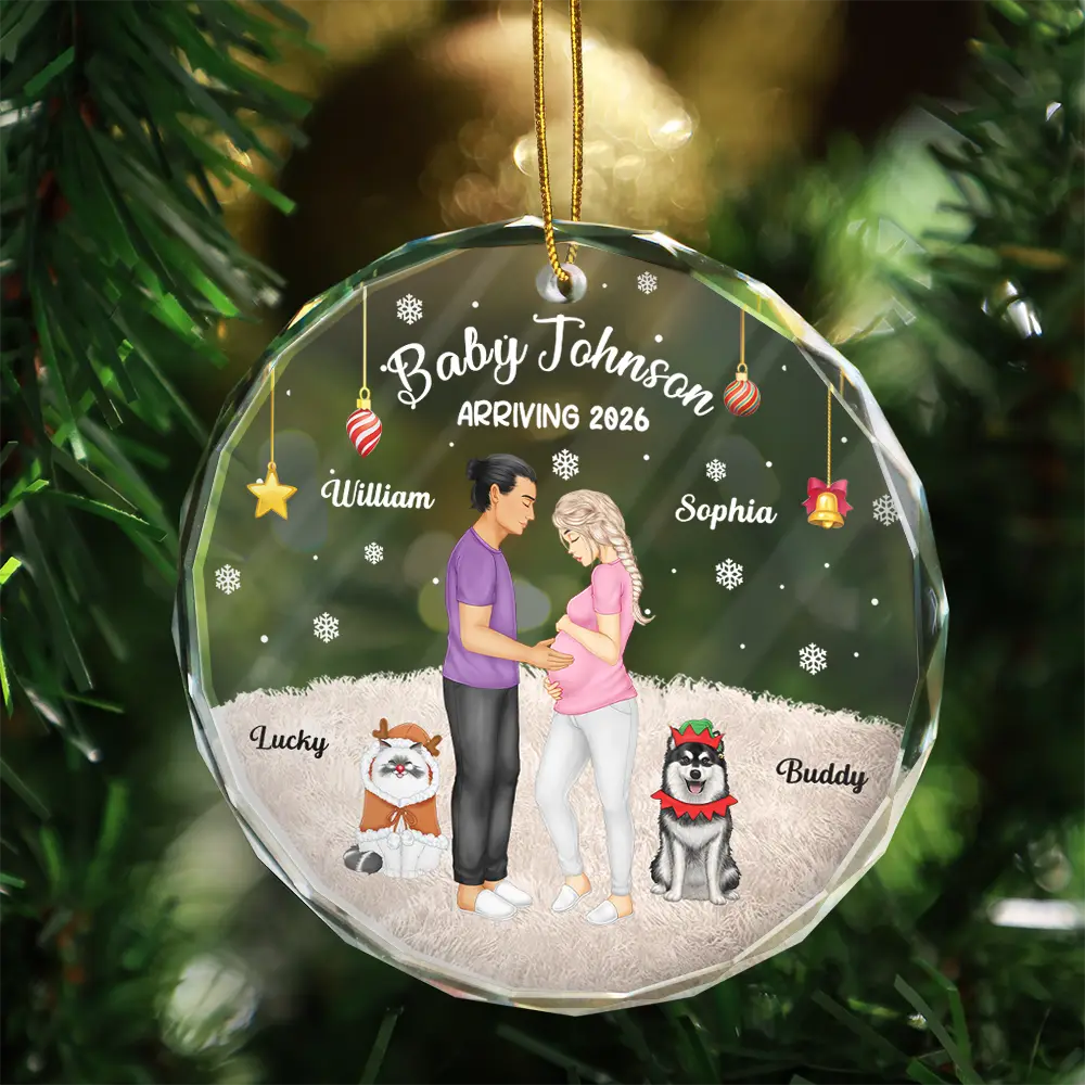 New Dad,New baby,New Mom,Christmas,Pet Lovers,Pet Couple,Happy - Expecting Parents Baby Arriving Dog Parents To Human Parents - Personalized Circle Glass Ornament
