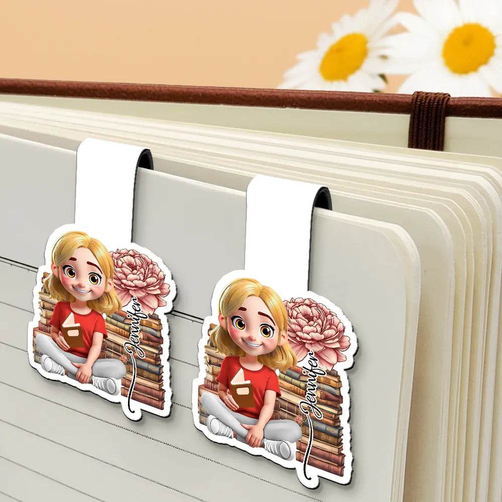 Reading,Gift For Yourself,Gift For Women,Happy - 3D Reading Girl With Birth Month Flower - Personalized Custom Shaped Magnetic Bookmark Clip