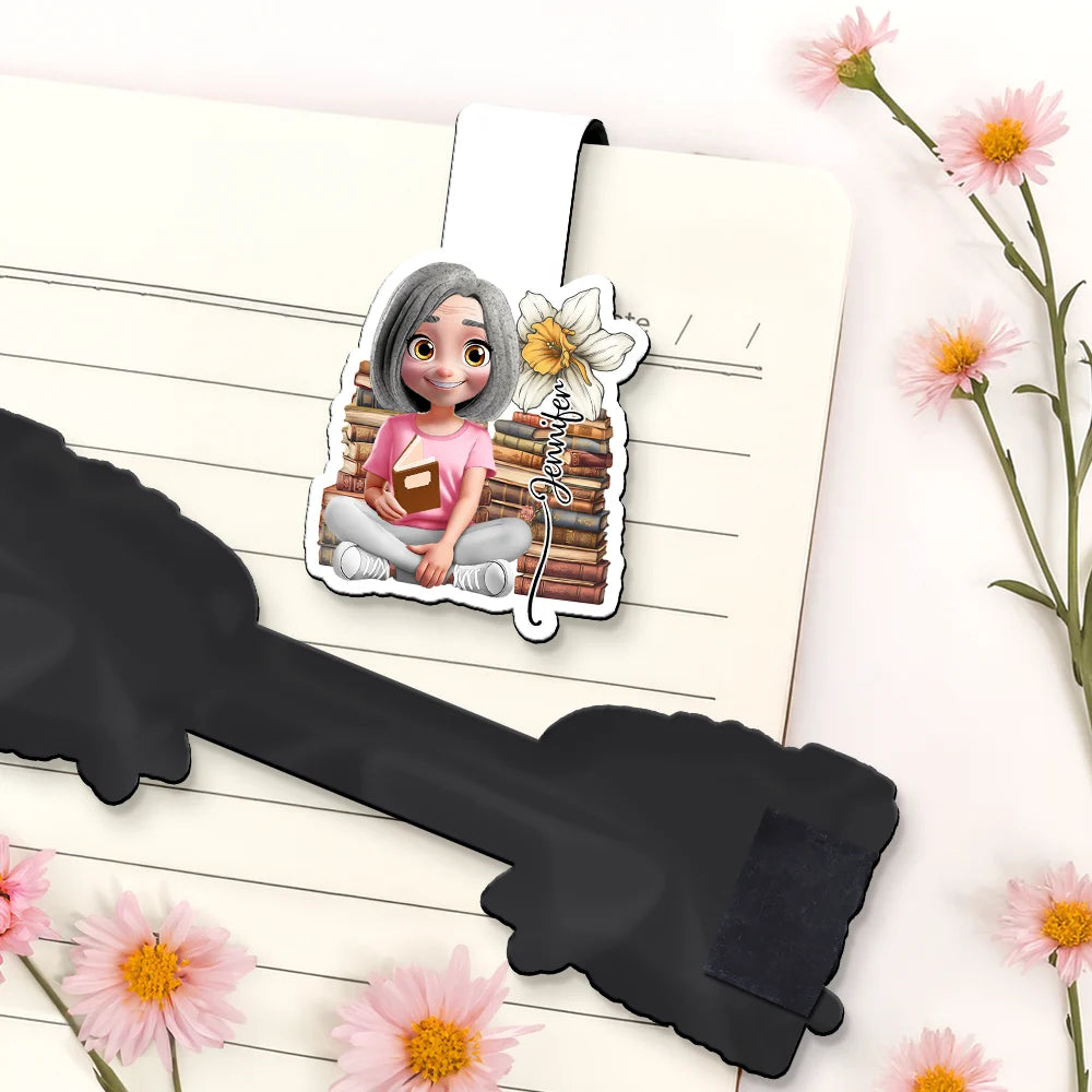 Reading,Gift For Yourself,Gift For Women,Happy - 3D Reading Girl With Birth Month Flower - Personalized Custom Shaped Magnetic Bookmark Clip