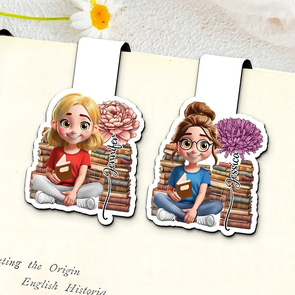 3D Reading Girl With Birth Month Flower - Personalized Custom Shaped Magnetic Bookmark Clip