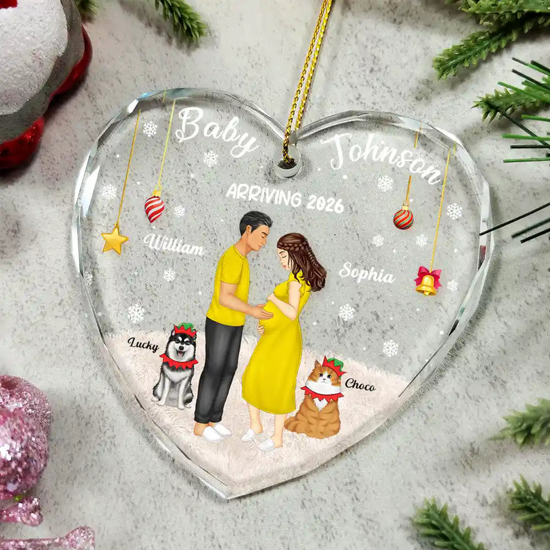 Christmas,New Dad,New baby,New Mom,Happy - Expecting Parents Baby Arriving Dog Parents To Human Parents - Personalized Heart Shaped Glass Ornament