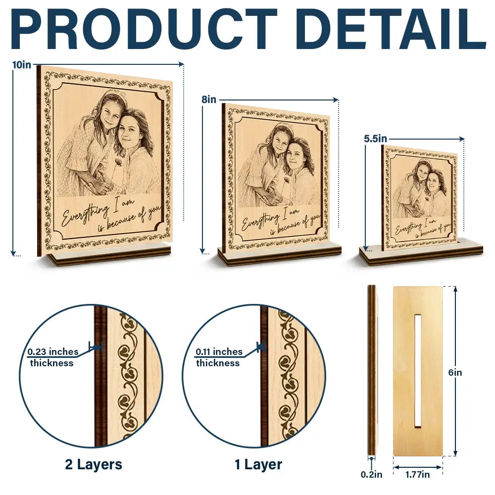 Custom Photo,Gift For Mother,Happy - Custom Photo Pencil Sketch Everything I Am Is Because Of You - Personalized Custom Shaped Wooden Plaque