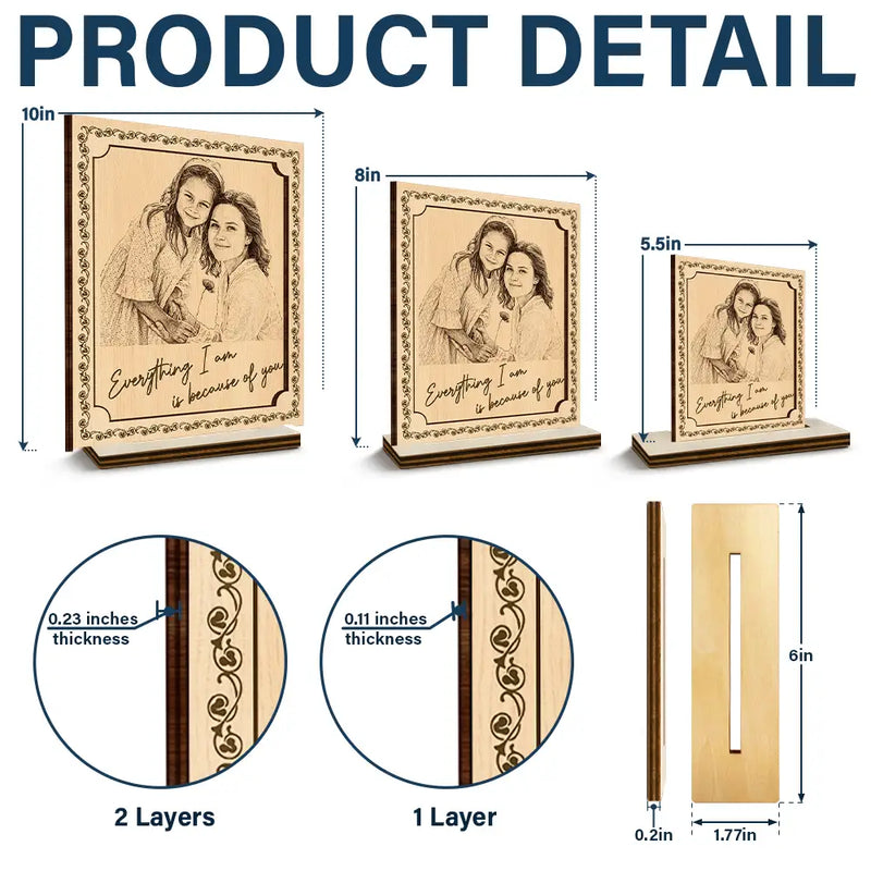 Custom Photo,Gift For Mother,Happy - Custom Photo Pencil Sketch Everything I Am Is Because Of You - Personalized Custom Shaped Wooden Plaque