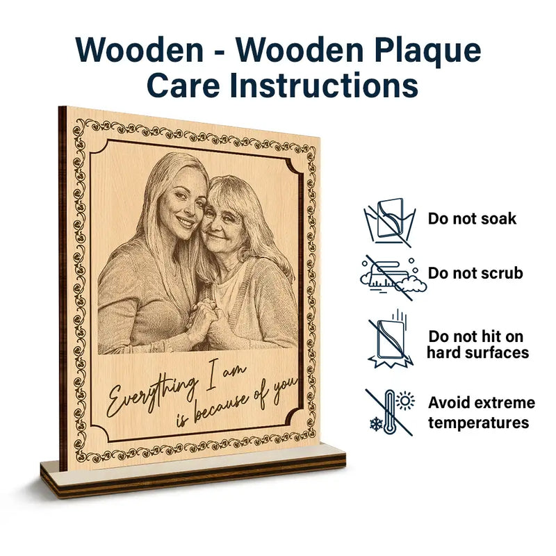 Custom Photo,Gift For Mother,Happy - Custom Photo Pencil Sketch Everything I Am Is Because Of You - Personalized Custom Shaped Wooden Plaque