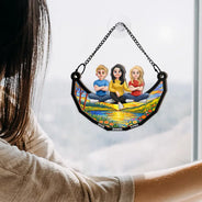 Gift For Mother,Mom - Children,Gift For Grandma,Love - Mother And Children Sitting On The Moon 3D Effect - Personalized Window Hanging Suncatcher Ornament