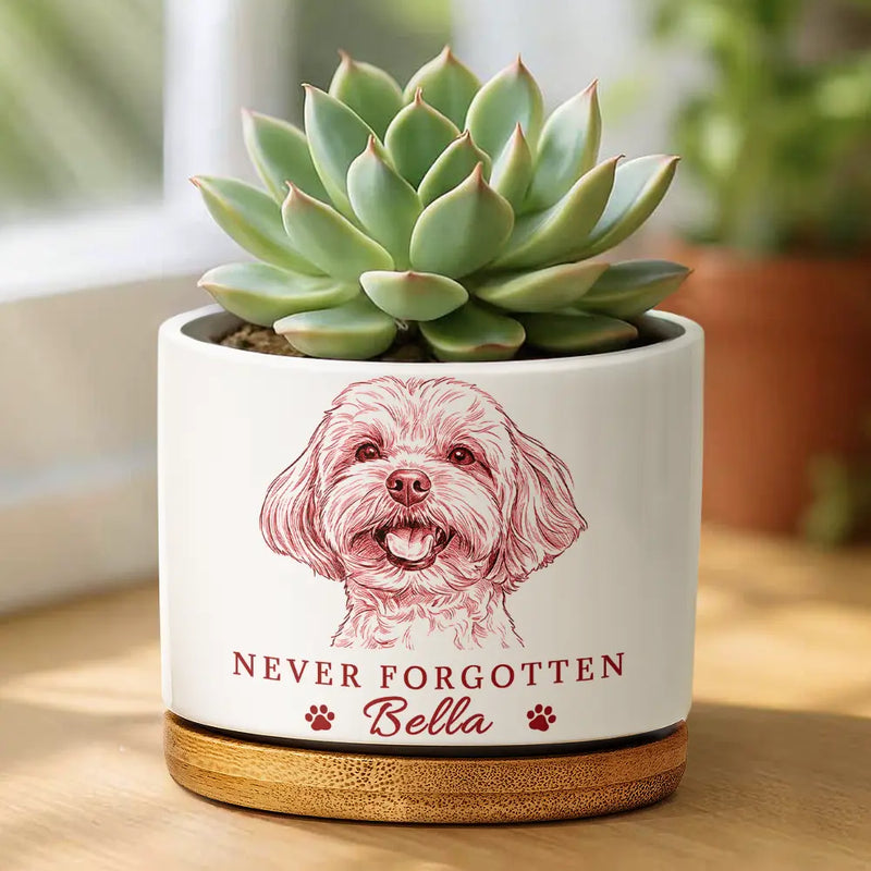 Custom Photo,Memorial,Pet Lovers,Pet Dad,Sad - Custom Photo Pencil Sketch Pet Memorial Never Forgotten - Personalized Ceramic Plant Pot