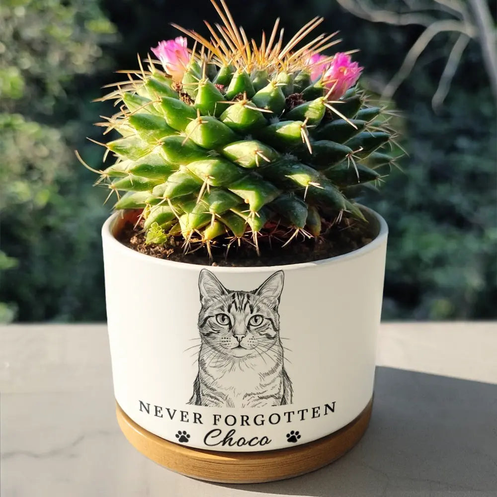 Custom Photo,Memorial,Pet Lovers,Pet Dad,Sad - Custom Photo Pencil Sketch Pet Memorial Never Forgotten - Personalized Ceramic Plant Pot