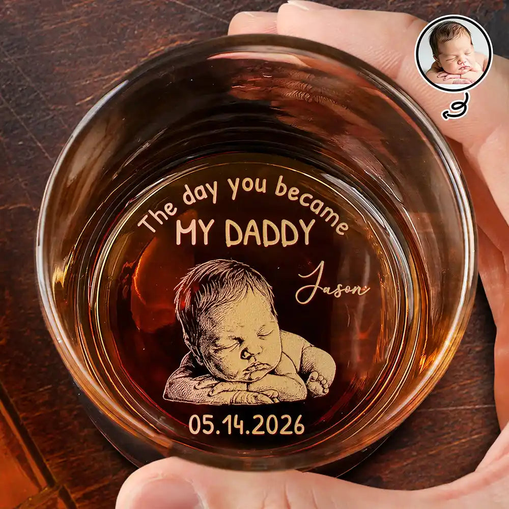 Gift For Father,New Dad,New baby,Custom Photo,Non-Eng,Photo - Pencil Sketch (Dark BG),Adorable - Custom Photo White Pencil Sketch Art The Day You Became My Mom Dad - Personalized Engraved Whiskey Glass