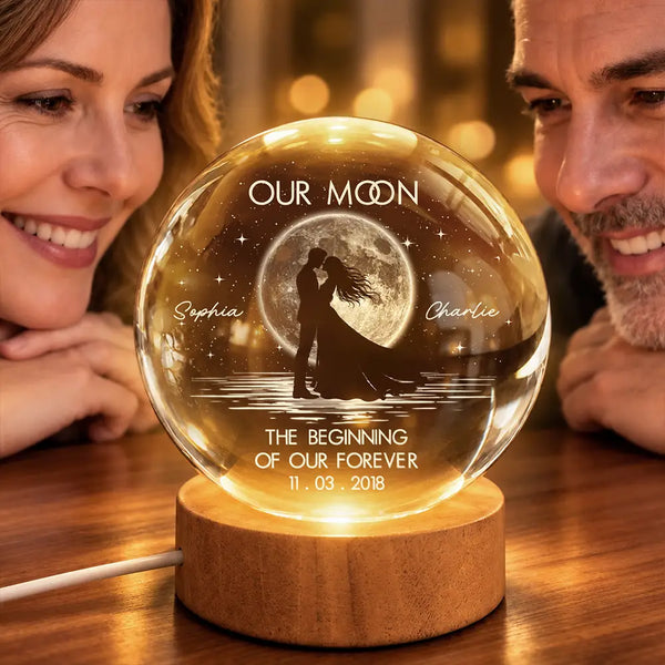 Anniversary,Christmas,Gift For Couples,Moon Phase,Old Couples,Romantic - Anniversary Gift For Couples - Personalized Moon Phase Kissing Under Moonlight Crystal Globe Lamp
