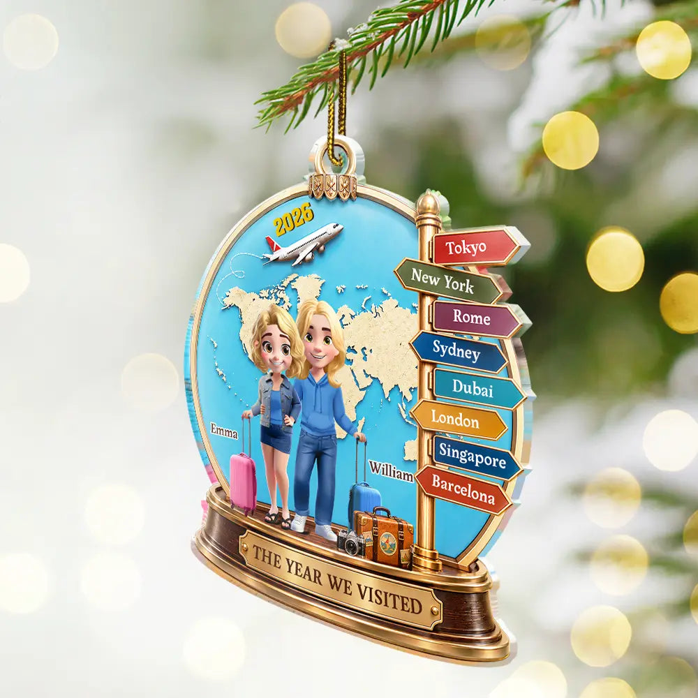 Christmas,Gift For Couples,Happy,Old Couples,Travel,Vector - Gift For Travel Lovers, Travel Couple - Personalized Destination Acrylic Ornament