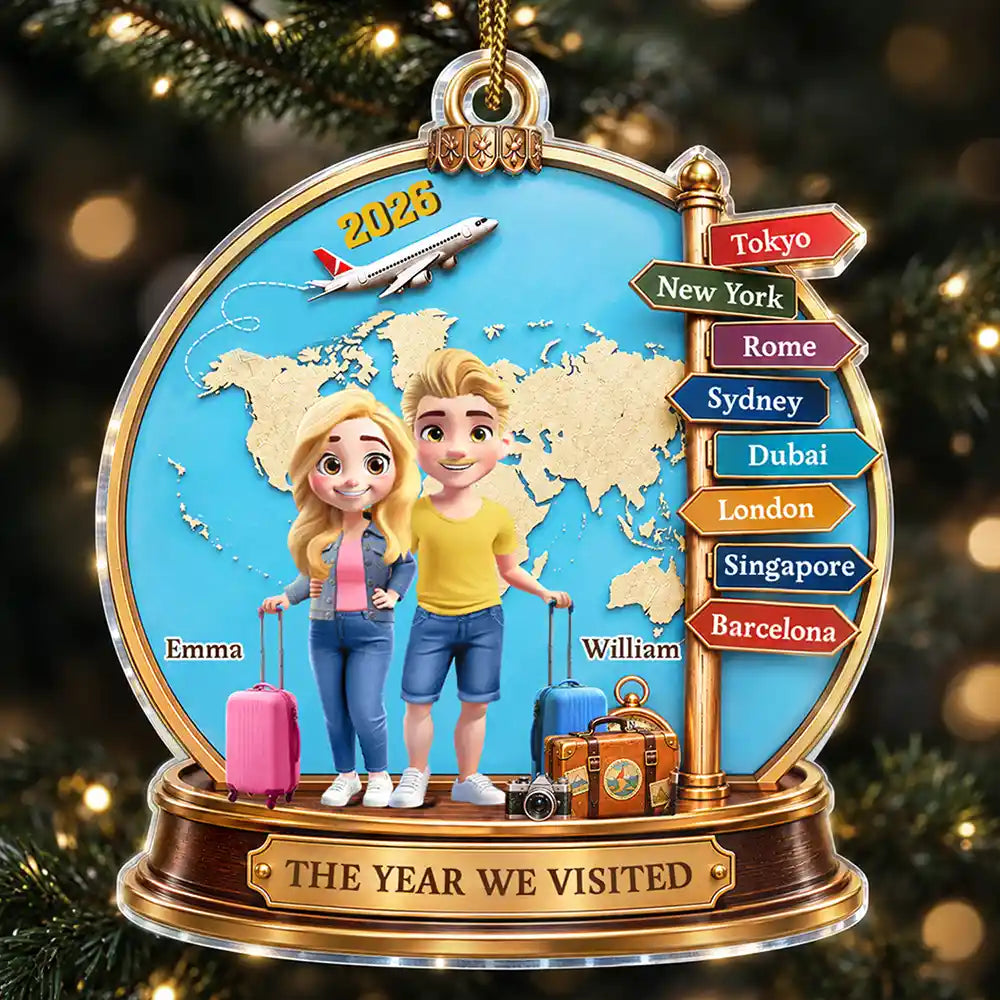 Christmas,Gift For Couples,Happy,Old Couples,Travel,Vector - Gift For Travel Lovers, Travel Couple - Personalized Destination Acrylic Ornament