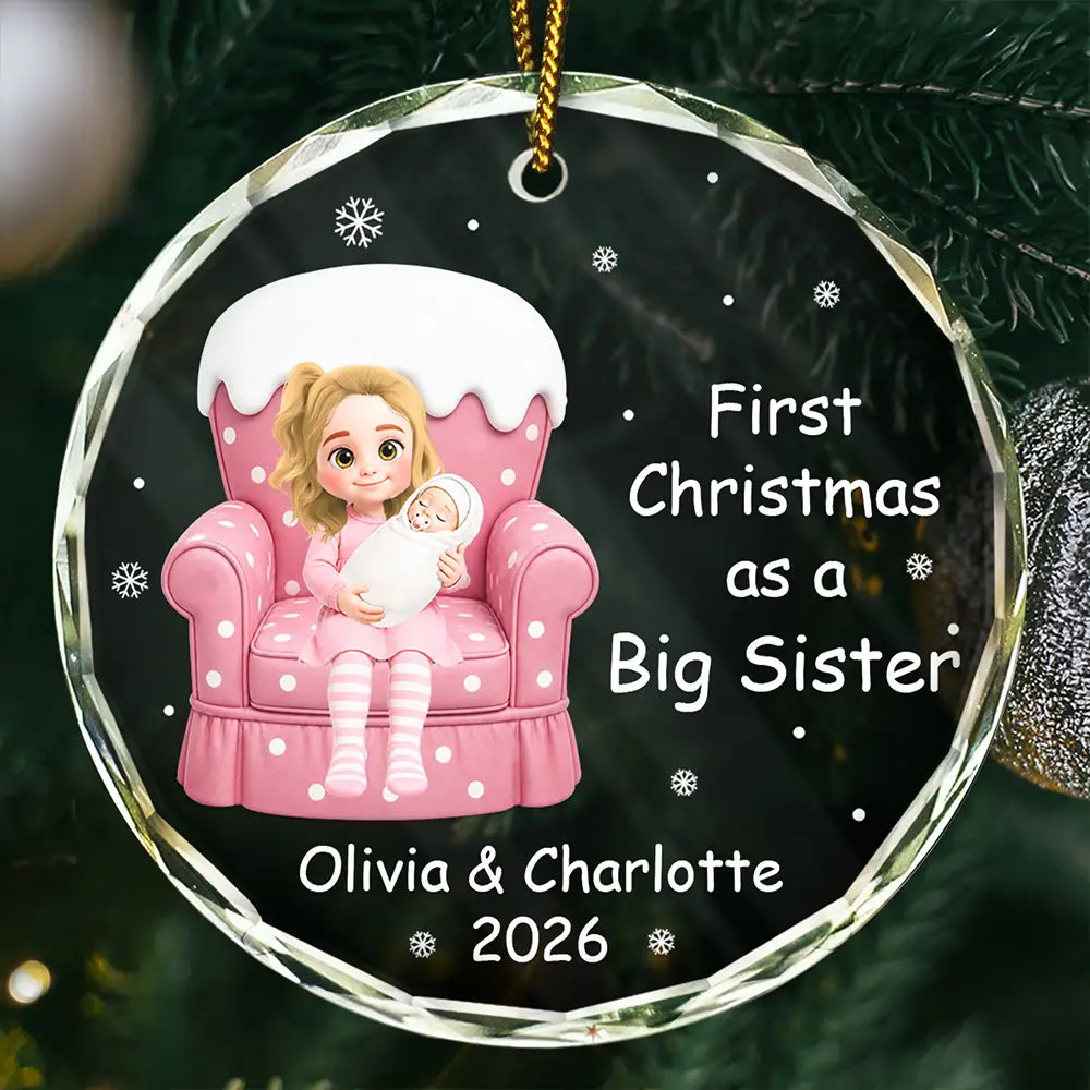 Adorable,Christmas,First Christmas,Gift For Kids,New Baby,Vector - First Christmas As Big Sister Gift - Personalized Circle Glass Ornament