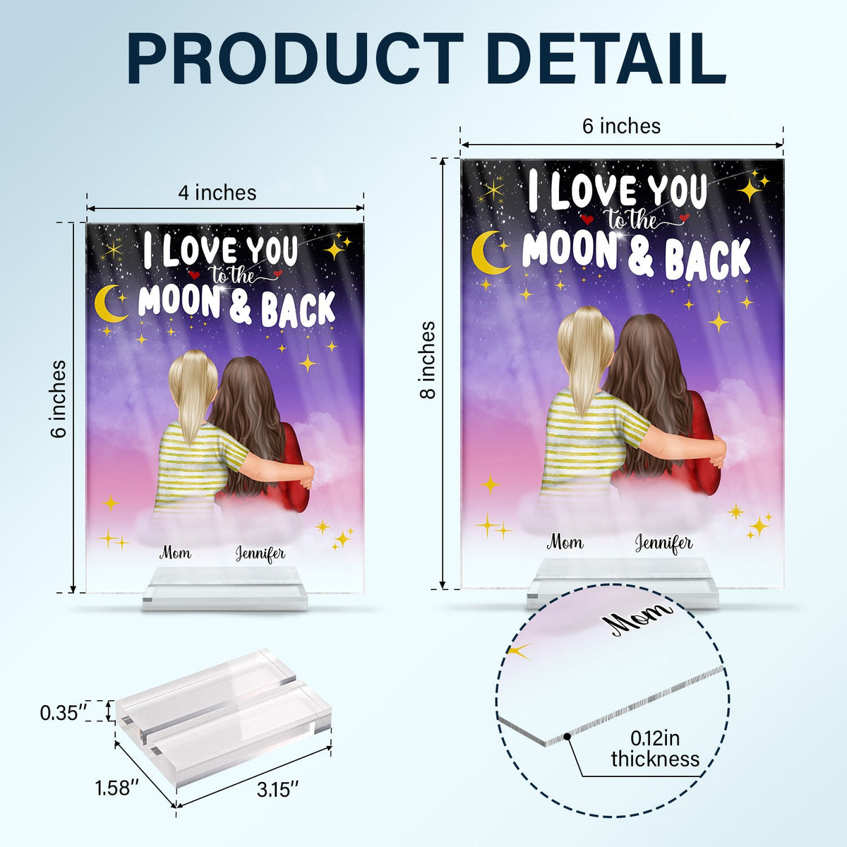 Mom I Love You To The Moon And Back - Birthday, Family Gift For Mother, Grandma, Daughter, Women - Personalized Custom Vertical Rectangle Acrylic Plaque
