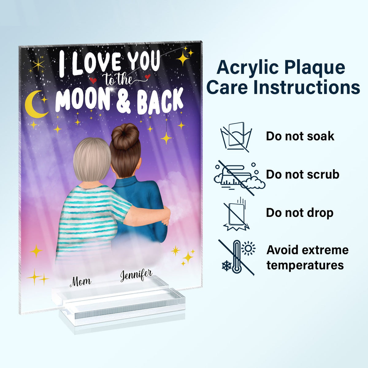 Mom I Love You To The Moon And Back - Birthday, Family Gift For Mother, Grandma, Daughter, Women - Personalized Custom Vertical Rectangle Acrylic Plaque