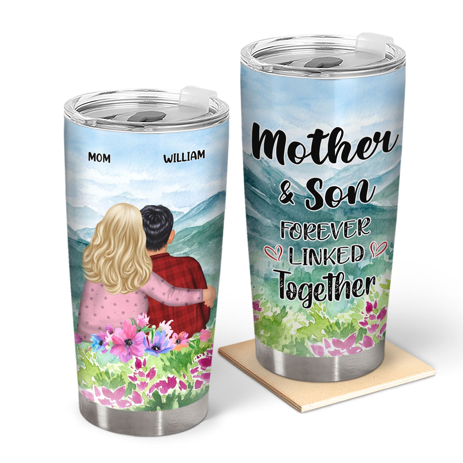 Mother & Son Forever Linked Together Watercolor Style - Birthday, Loving Gift For Mom, Grandma, Grandmother, Grandson - Personalized Custom Tumbler