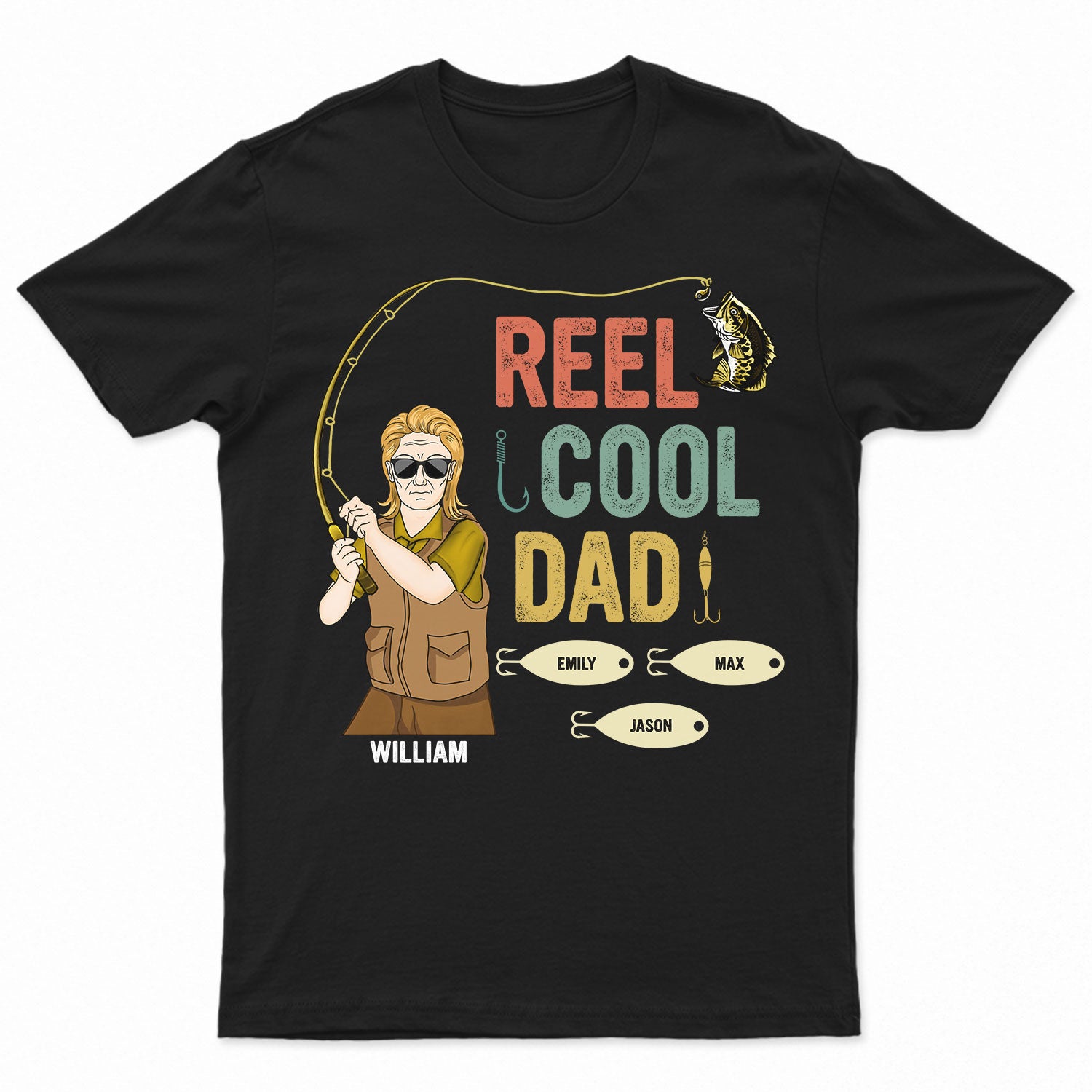 Reel Cool Dad - Birthday, Family Gift for Father, Grandpa, Husband, Fishers, Fishing Lovers - Personalized Custom T Shirt T-Shirt / Tshirt Black / S