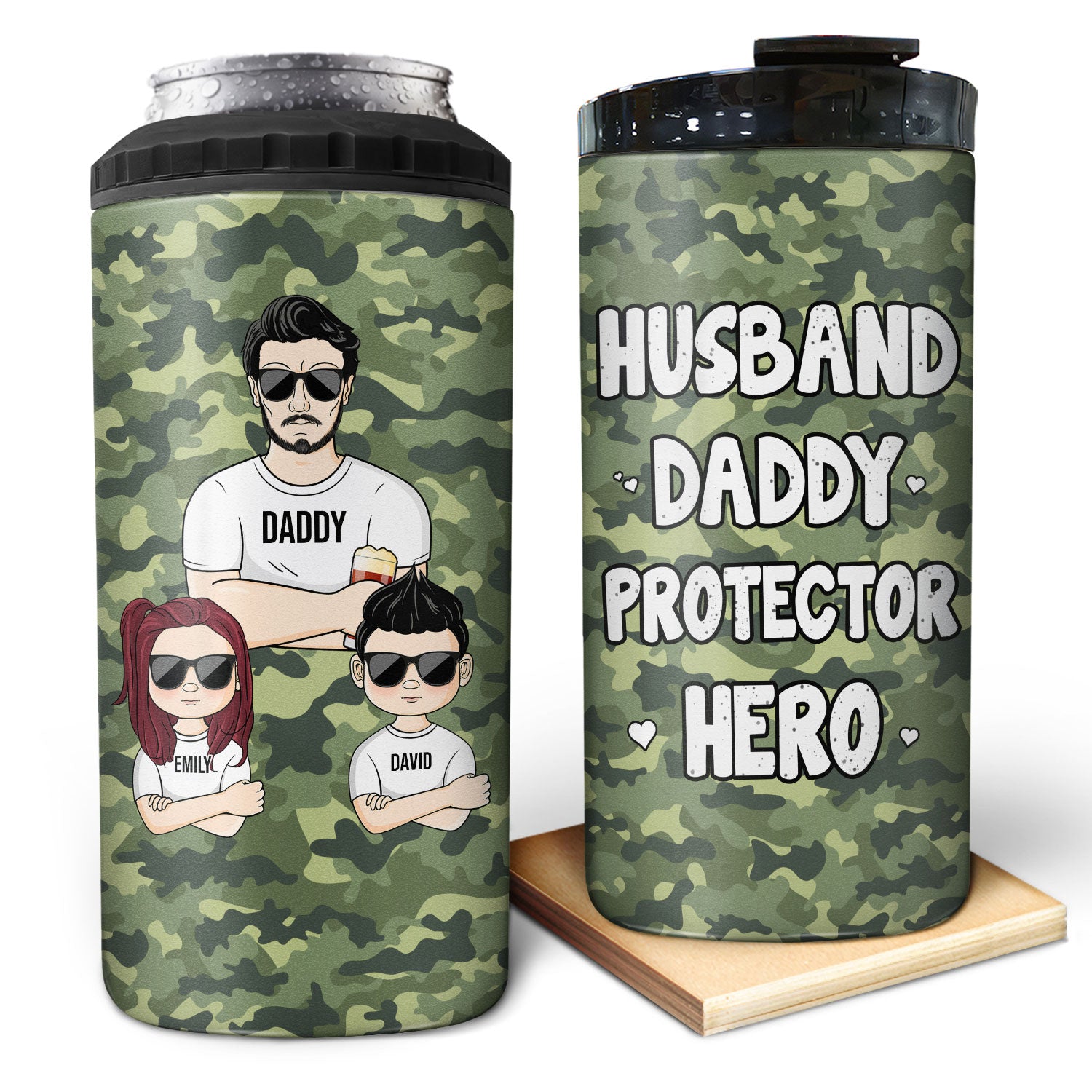 Husband Daddy Protector Hero - Birthday, Loving Gift For Dad, Father, Grandfather, Grandpa, Daughters, Sons - Personalized Custom 4 In 1 Can Cooler Tumbler