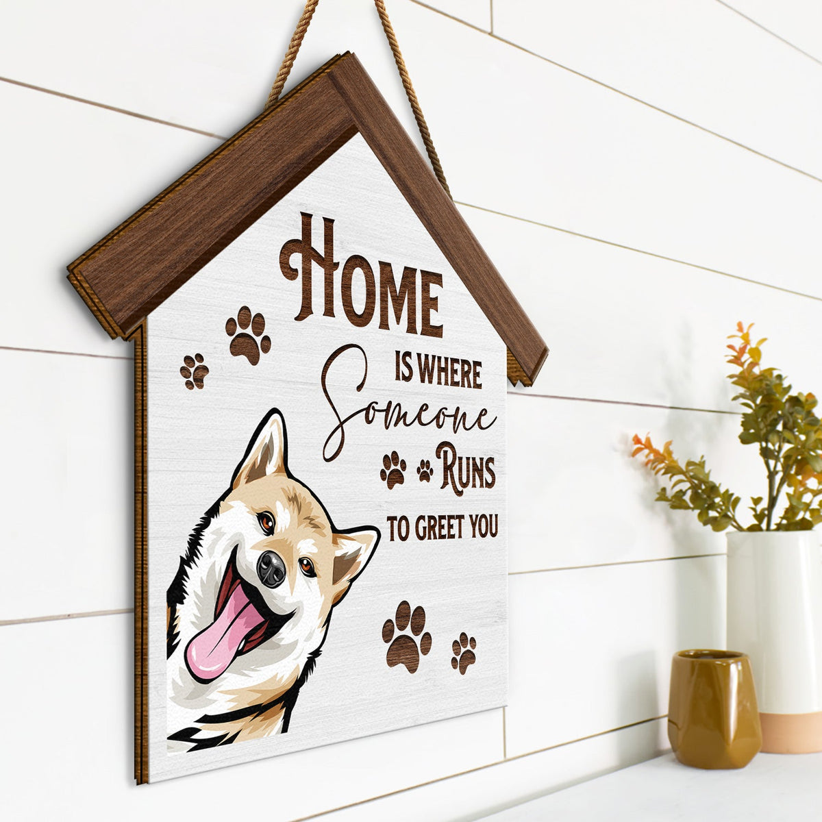 Home Is Where Someone Runs To Greet You - Birthday, Decor Gift For Dog Lovers, Dog Moms, Dog Dads, Pet Lovers - Personalized Custom Shaped Wood Sign